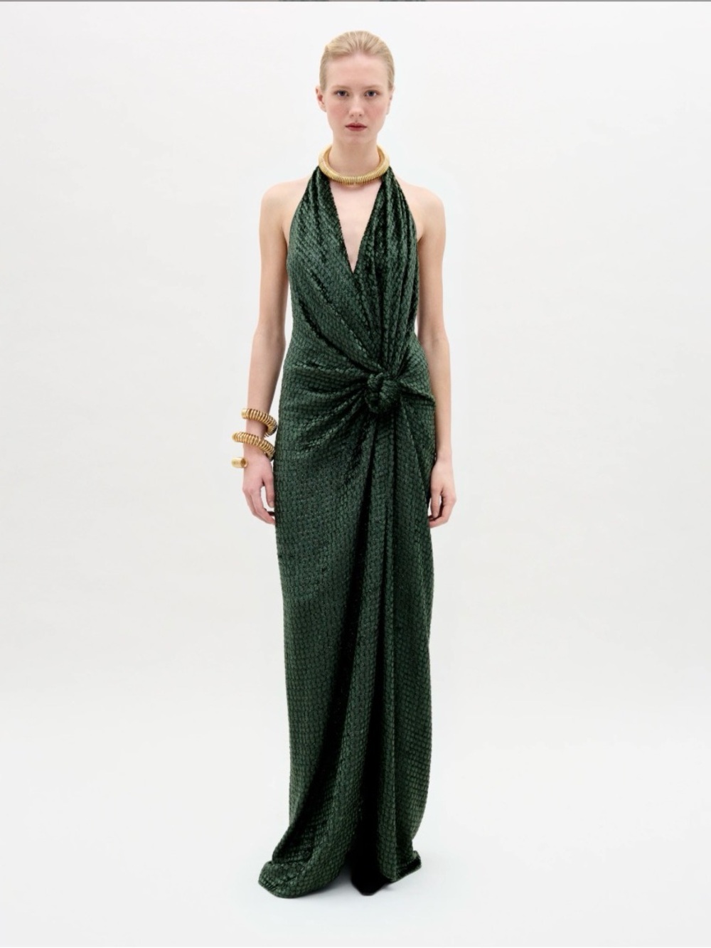 Sylvia Tcherassi Green Halter Knot-Front Evening Dress